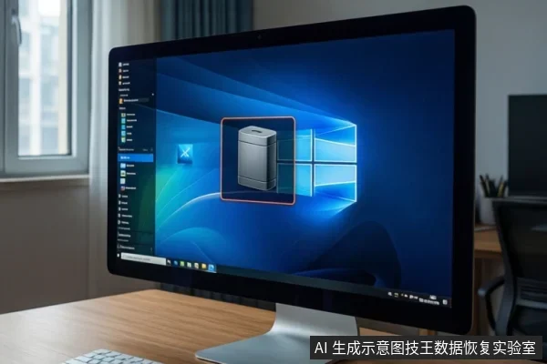 办公桌上的一台一体机显示器，屏幕显示蓝色桌面背景，中间有一个机械硬盘图标，左侧有文件管理器侧边栏。