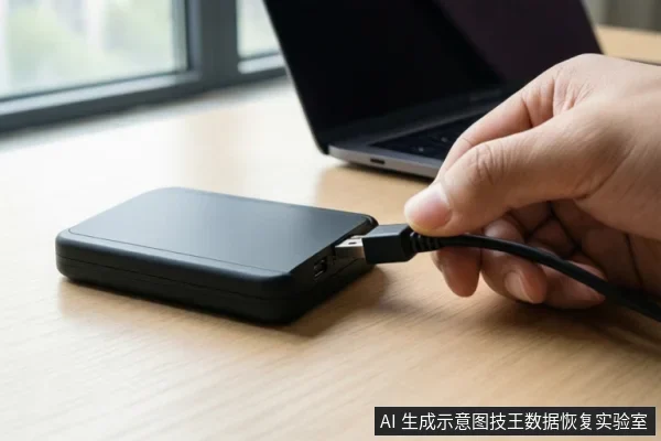 一只手正将USB数据线插入桌面上的黑色移动硬盘，背景有一台笔记本电脑。