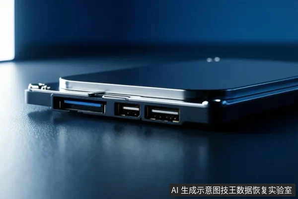 深色桌面上放置一块黑色固态硬盘,前端可见一个蓝色USB接口和两个黑色接口,背景为蓝色虚化环境。