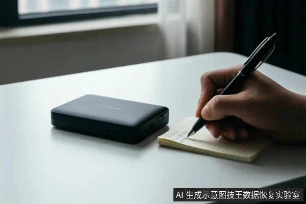 白色桌面上放置一个黑色移动硬盘,右侧一只手正握黑色笔在便签纸上书写,背景为窗边室内环境。