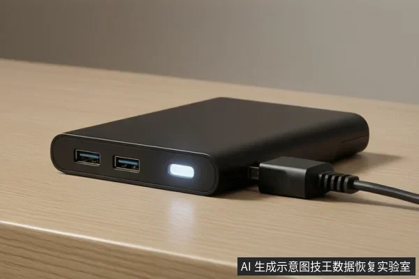 木纹桌面上一个黑色移动硬盘,前端有两个USB-A接口和一枚亮起的白色指示灯,侧面插着一根黑色USB线。