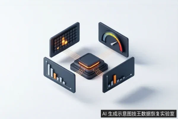 画面中央是一个带有橙色发光边缘的方形芯片,四周悬浮着四块深色数据面板,分别显示网格、仪表盘和柱状图,并有光线连接至中心。