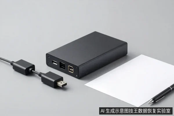 黑色外置硬盘盒与USB数据线、白纸和笔放置在灰色桌面上