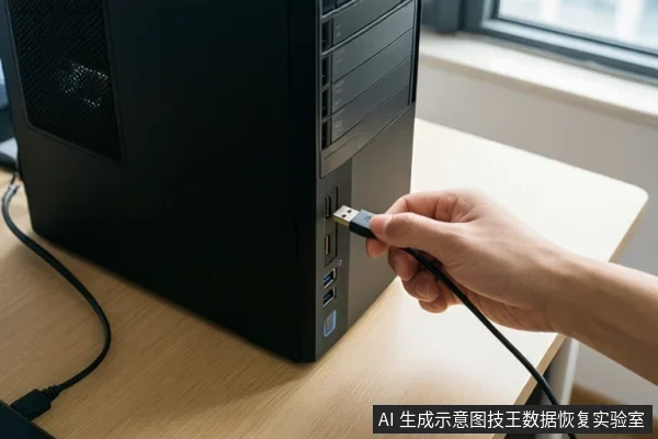 一只手将带线缆的USB接口插入黑色台式电脑主机前侧的USB端口,主机放在浅色桌面上,背景有窗户。