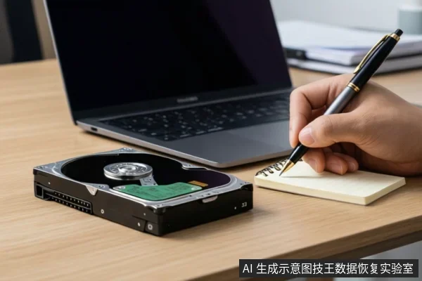 木桌上放着一台打开的笔记本电脑和一块拆开的机械硬盘,右侧一只手正握笔在便签上记录。