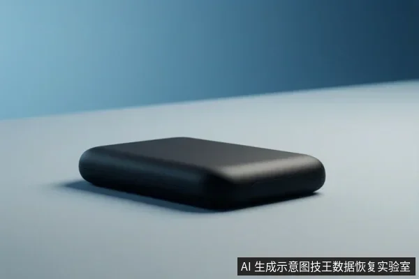 画面中展示了一个黑色的长方形移动固态硬盘,放置在浅蓝色的平面上,背景为蓝色渐变。