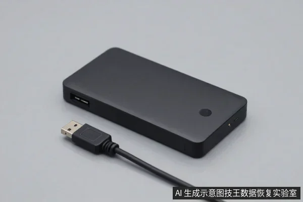 黑色长方形外置存储设备平放于灰色桌面,侧面可见USB接口,旁边有一根USB连接线。