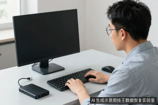 一名戴眼镜的亚洲男性坐在桌前，双手放在键盘上，面前是一台黑色显示器，桌面左侧放着一个黑色硬盘座，旁边有鼠标。