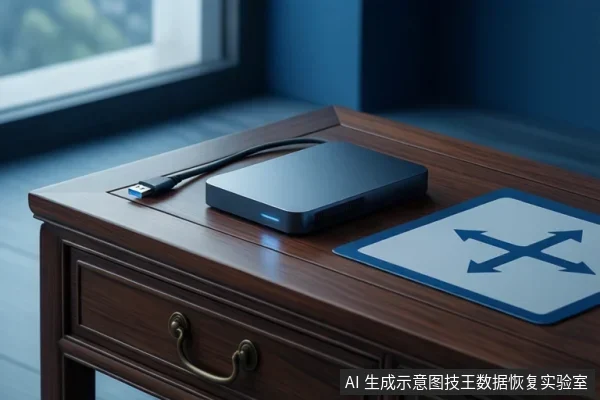 木桌上放置黑色外置移动硬盘，蓝色指示灯亮起，USB线连接至桌面接口，旁有方向箭头卡片。