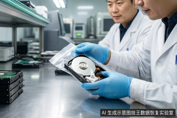 两名穿白大褂戴蓝色手套的亚洲成年技术人员在实验台前,一人手持打开的机械硬盘盘体,旁边有防静电袋和堆叠硬盘。