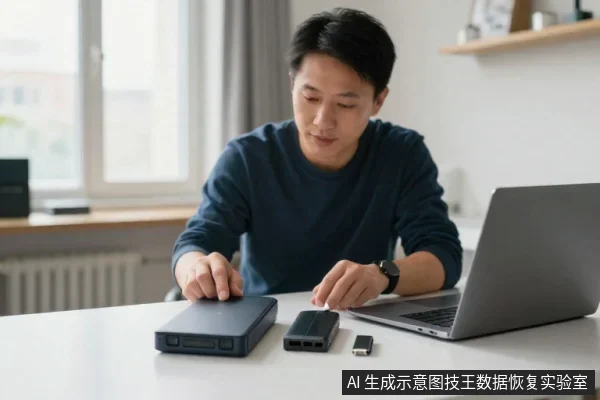 一名亚洲男子坐在桌前,双手靠近一块黑色外置硬盘,桌上还有另一块存储设备、U盘和打开的笔记本电脑。