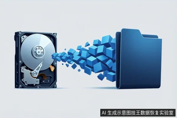 画面左侧为打开的机械硬盘,盘片与磁头清晰可见;右侧为蓝色文件夹图标,中间有蓝色立方体从硬盘流向文件夹,示意数据转移。