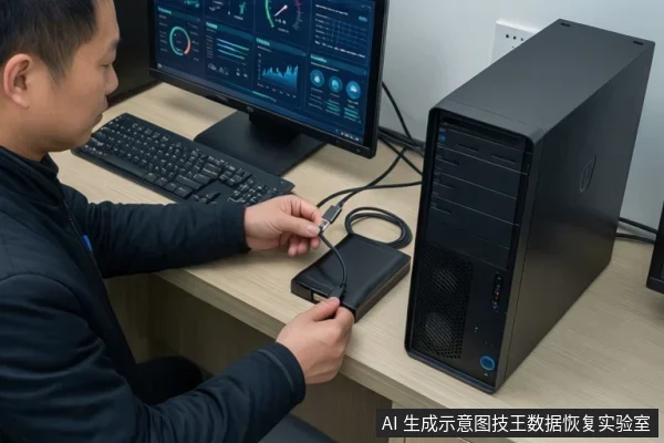 一名男子坐在桌前，双手将USB数据线插头插入黑色移动硬盘，桌面另放有台式主机、键盘与显示监控界面的显示器。