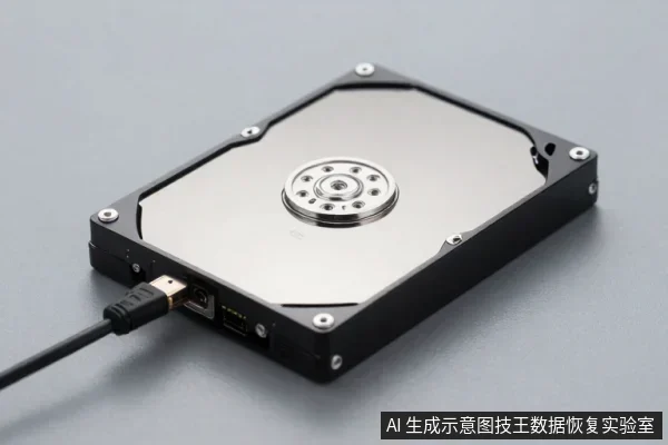 黑色外置硬盘平放在灰色台面上，USB数据线插入硬盘侧面接口，盘体中央可见金属圆形盖板。