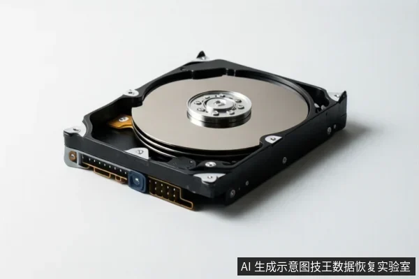 白色背景上展示一块打开外壳的机械硬盘,可见金属盘片、中心主轴、磁头臂组件以及侧面的数据与电源接口。