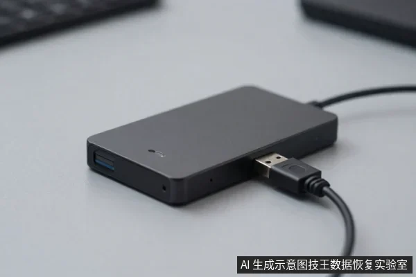 灰色方形外置硬盘盒平放在浅色桌面上，侧面有USB接口，一条USB数据线插在接口上，背景可见键盘边缘。