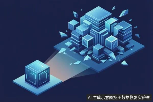 深蓝色背景中,左下角一个蓝色立方体向右侧投射光束,照亮由多个堆叠方块和碎片组成的抽象数据集群。