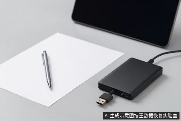 白色桌面上放着一张白纸和一支银色笔,右侧是一块黑色外置硬盘,连着一根USB数据线,线头插头清晰可见,背景有一台黑色屏幕的笔记本电脑。