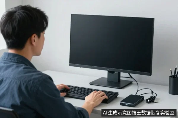 一名男子坐在桌前使用台式电脑,显示器旁放着一块黑色移动硬盘和USB线。