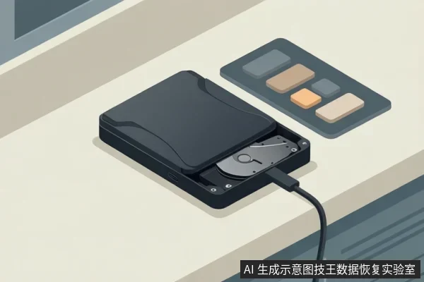 浅色桌面上放着一台打开外壳的黑色移动硬盘，露出内部盘片并插着USB线，右侧托盘上摆着几块不同颜色的小方块。