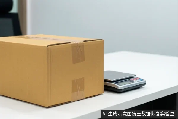 白色桌面上放着一个用胶带封好的棕色纸箱,旁边有一台小型电子秤,背景为浅色墙面。