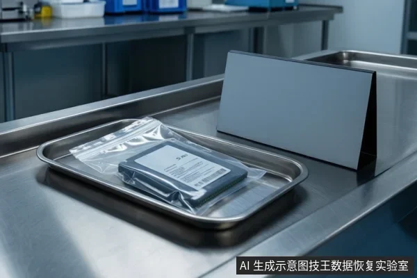 金属托盘上放着一个透明防静电袋,袋内是一块带标签的2.5英寸固态硬盘,旁边立着一块灰色板状物,背景为实验室工作台。