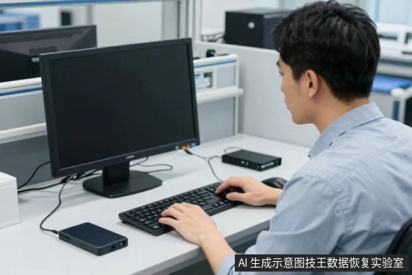 一名亚洲男性坐在办公桌前，面对黑色显示器，双手操作键盘，桌面左侧放有黑色移动硬盘，右侧有黑色扩展设备。