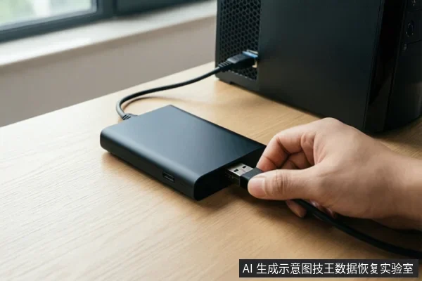 一只手正将USB数据线插入桌面上的黑色移动硬盘,硬盘另一端已连接至旁边的台式电脑主机。