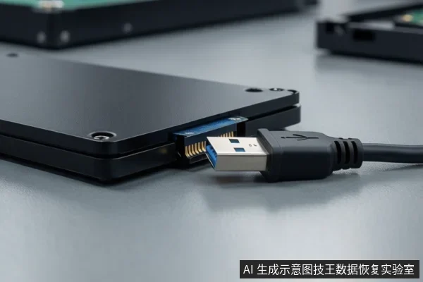 灰色桌面上一个黑色外置硬盘盒,侧面USB Type-B接口正插入一根USB数据线,背景为模糊设备。