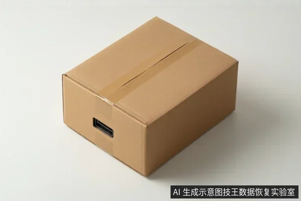 白色背景上放置一个棕色瓦楞纸箱,箱体顶部和侧面贴有封箱胶带,侧面有一个矩形开口。