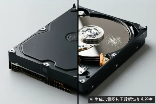 一张机械硬盘的对比示意图,左侧为硬盘外壳,右侧为打开的硬盘内部,可见盘片、主轴和磁头组件,盘片表面有明显的放射状划痕。