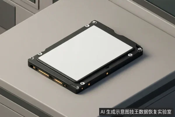 灰色台面上放置一块黑色外壳的存储设备，顶部为白色面板，四角有螺丝，侧面可见两个金色接口和指示灯，无操作动作。