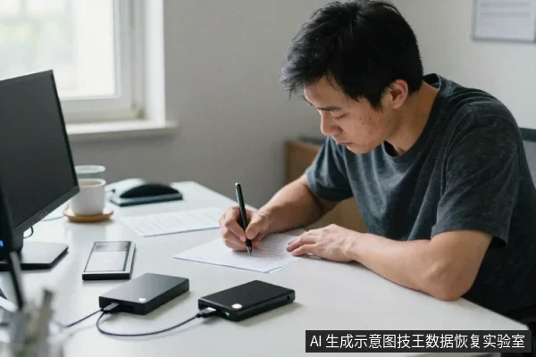 一名亚洲男性坐在办公桌前,手持笔在纸上书写,桌上放着显示器、外置硬盘盒和纸张。