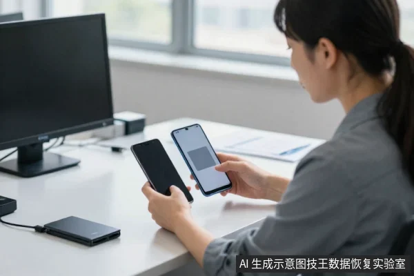 一名亚洲女性坐在办公桌前，双手各持一部安卓手机，面前有显示器、移动硬盘和文件。