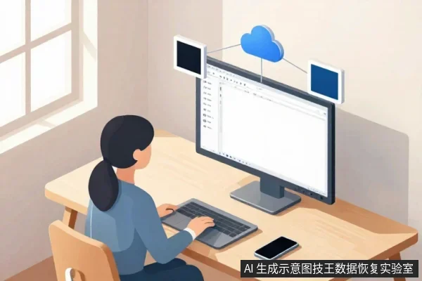 一名扎马尾的女性坐在木桌前,面对显示器操作键盘,屏幕上显示列表界面,显示器上方有云朵图标连接两侧平板设备,桌面放有手机。