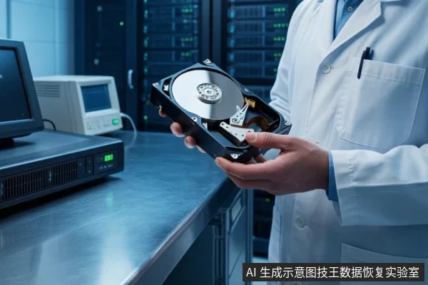 实验室环境中,技术人员手持一块打开的机械硬盘,背景可见服务器机柜和检测仪器。