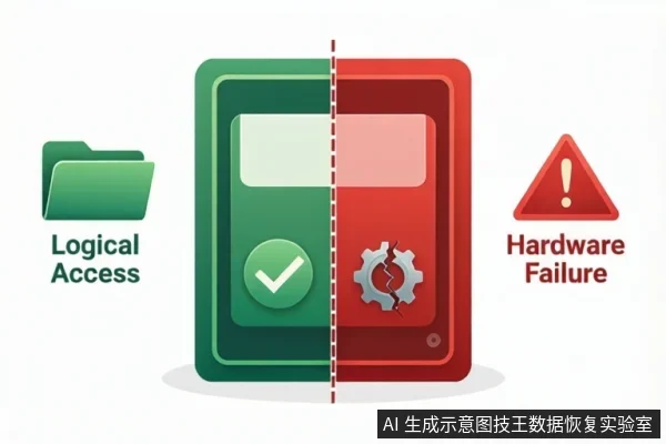 画面中央为一块被虚线分为两半的硬盘示意图,左半绿色带对勾,右半红色带断裂齿轮;左侧有文件夹图标,右侧有红色警告三角。