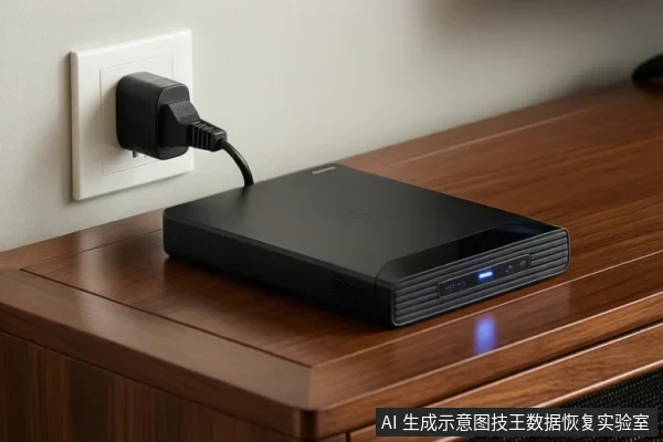 木桌上放着一台黑色桌面型移动硬盘,电源适配器插在墙上插座并连接硬盘,硬盘指示灯亮起。
