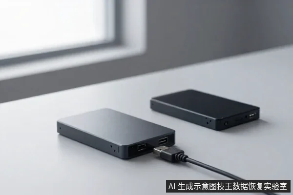 灰色桌面上放着两块黑色外置硬盘,前方硬盘的USB接口插着数据线,后方硬盘平放无连接。