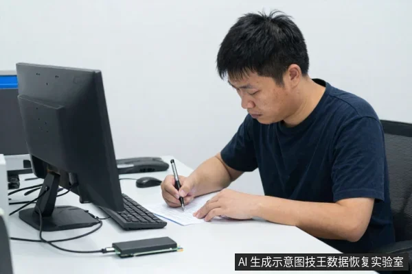 一名亚洲男子坐在办公桌前，手持笔在纸上记录，面前有显示器、键盘和一块M.2固态硬盘。