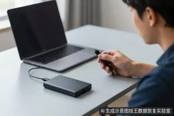 一名亚洲男性坐在桌前,手持黑色移动硬盘,桌上放有笔记本电脑和另一块通过USB线连接的移动硬盘