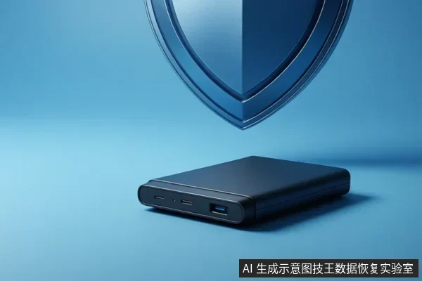 蓝色背景中,一个黑色移动硬盘位于下方,上方悬浮着一个蓝色盾牌图标,象征数据保护。