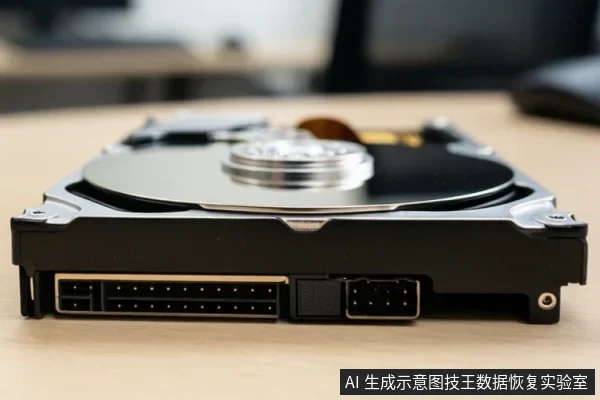 一块打开顶盖的机械硬盘静置在浅色桌面上,可见盘片、主轴与磁头组件,前端有数据与电源接口,背景虚化。