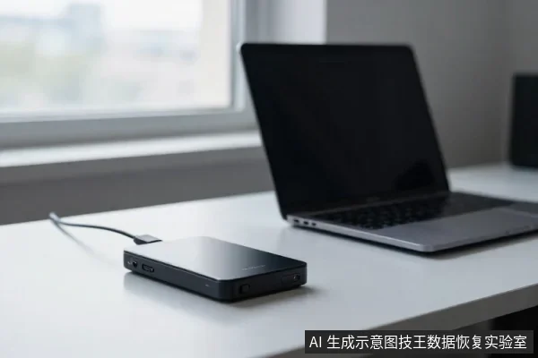 白色桌面上放着一台打开的黑色笔记本电脑和一个黑色外置硬盘盒,硬盘盒连着一根数据线,背景是窗户。