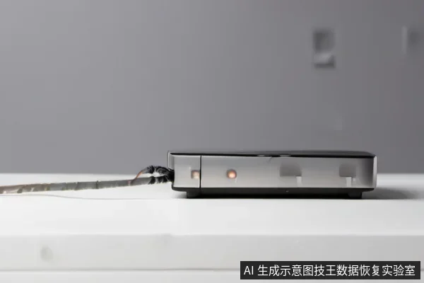 白色桌面上放置一台外置存储设备，侧面指示灯亮起，左侧连接一根线缆，线缆末端呈烧焦断裂状，背景为灰色墙面。
