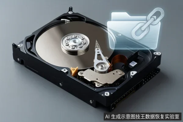 灰色背景上放置一块打开外壳的机械硬盘，可见盘片、主轴与磁头组件；右上方叠加一个带链条的半透明文件夹图标。