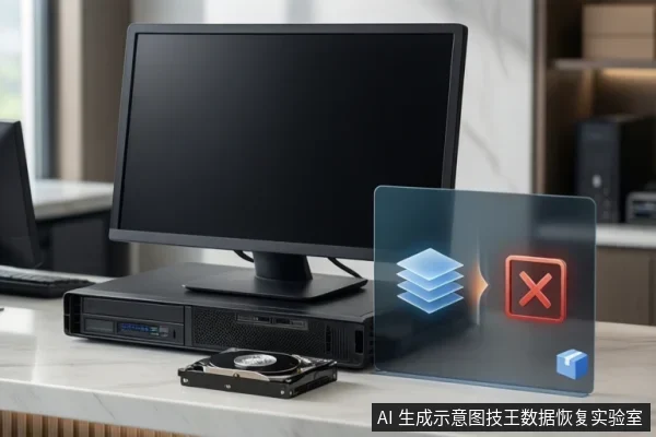 桌面上黑色台式主机与黑屏显示器,前方放一块开盖机械硬盘,右侧半透明示意图显示数据层图标与红色叉号。