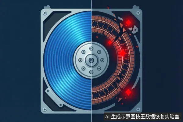 机械硬盘示意图,左侧为蓝色盘片,右侧盘片出现红色碎裂与坏道标记,中间有白色分割线。