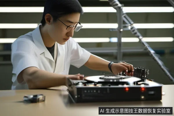 一名穿白大褂的亚洲成年技术人员在实验台前操作一台已开盖的硬盘设备,盘片与主轴可见,他手持部件靠近盘片上方,设备前面板亮着红色指示灯。