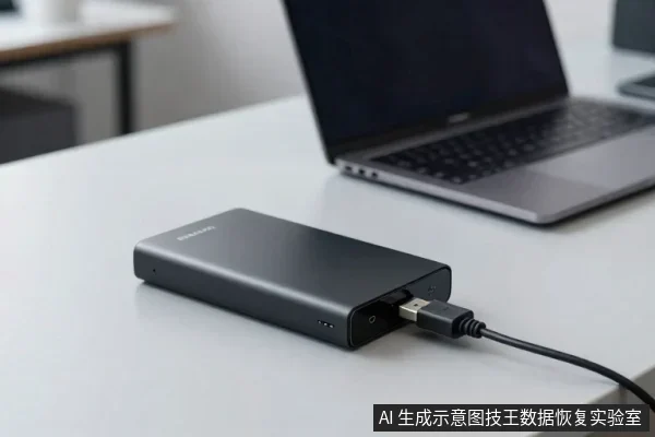 浅色桌面上放着一块黑色移动硬盘，通过USB线连接，后方有一台打开的笔记本电脑。